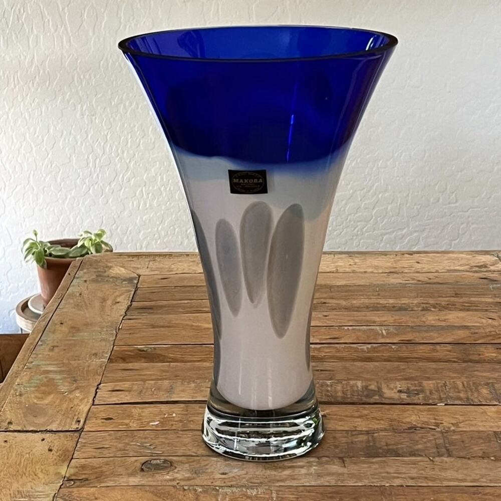 Makora Cobalt Blue Trim Hand-blown Glass Vase 12.5" Tall Made in Poland - Picture 6 of 13